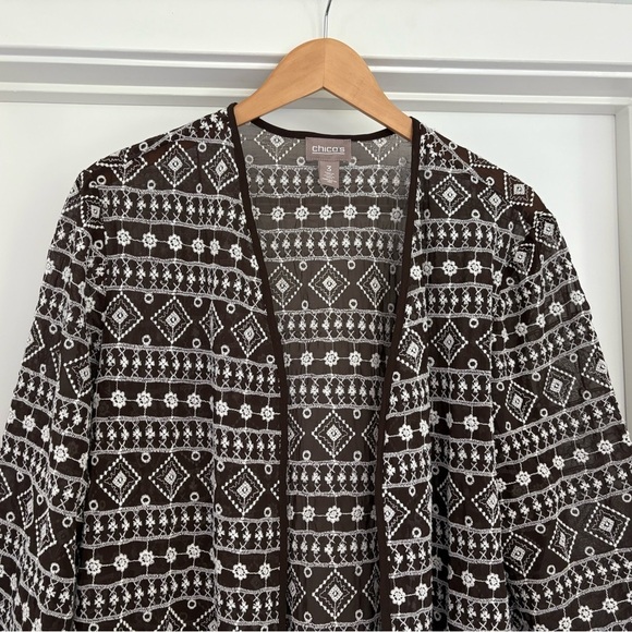 Chico’s Embroidered Brown Open Front Long Cardigan XL - Picture 2 of 6